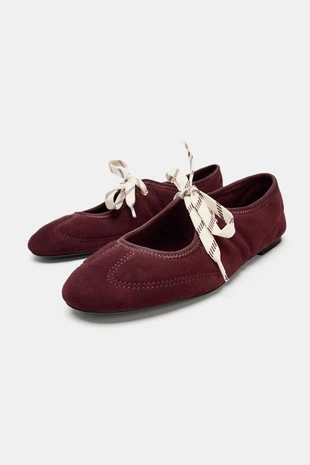 Burgundy Red | 2536/610/022 - Zara Замшевые балетки со шнуровкой