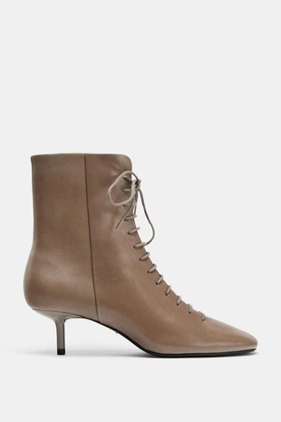 Taupe Grey | 1109/610/131 - Zara Кожаные ботильоны на каблуке со шнуровкой