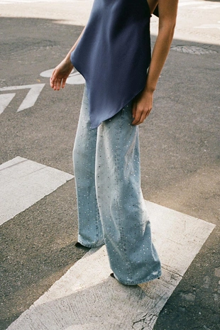 Navy blue | 8727/215/401 - Zara Джинсы TRF BAGGY со стразами и драгоценными камнями