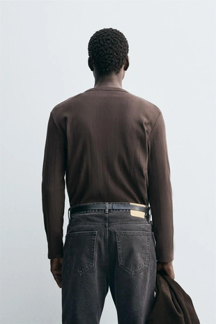 Dark brown | 5372/366/716 - Zara Футболка с воротником на пуговицах из рельефной ткани