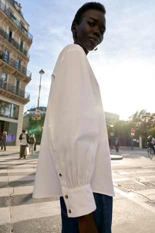 White | 9153/340/250 - Zara Рубашка из поплина с контрастными пуговицами
