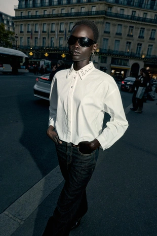 Купить Zara Рубашка из поплина с бусинами и стразами