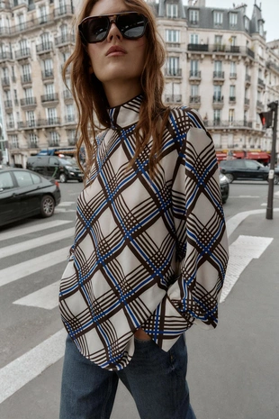 Рубашка в клетку с воротником-стойкой- Заказать в России