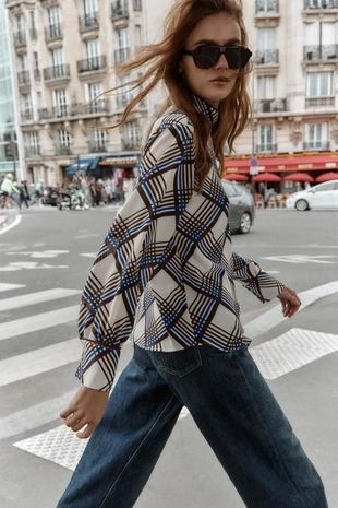 Рубашка в клетку с воротником-стойкой- Заказать в России