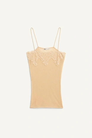 Light pink | 1223/250/644 - Zara Топ с кружевными деталями LIMITED EDITION RIBBED