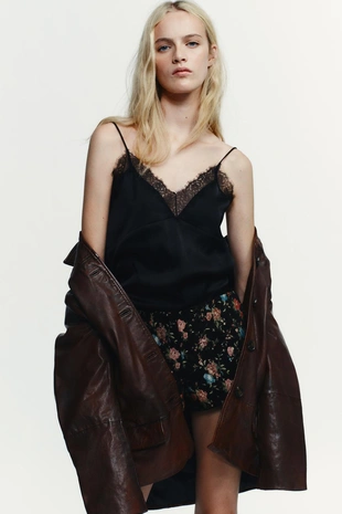 Купить Zara Атласный топ с кружевом