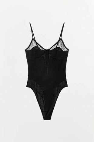 Black | 1223/638/800 - Zara Боди с кружевом и узором «POINTELLE»
