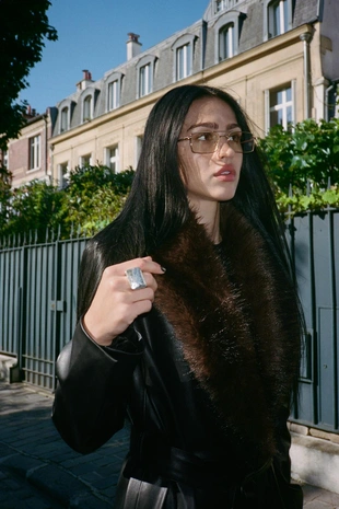 Пальто из искусственной кожи съемный воротник- Заказать в России