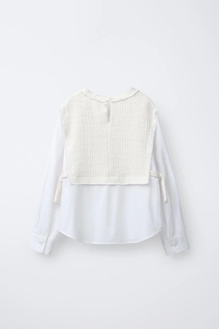 Ecru | 6840/613/712 - Zara Однотонная рубашка с контрастным жилетом и бантами