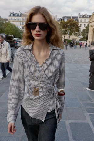 Grey marl | 3564/171/803 - Zara Рубашка в полоску с запахом и бантом
