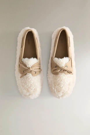 Beige | 1029/600/102 - Zara Тапочки-мокасины из искусственной овчины и кожи