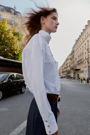 Рубашка из поплина с объемными рукавами- Заказать в России