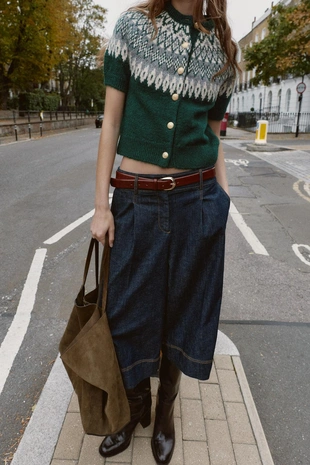 Жаккардовый трикотажный кардиган с короткими рукавами- Заказать в России