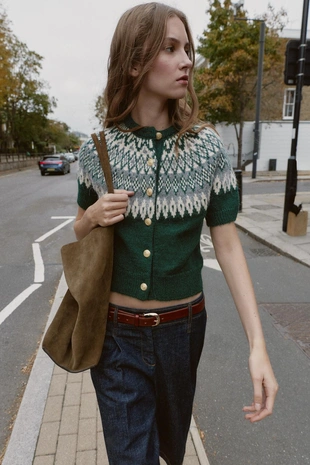 Жаккардовый трикотажный кардиган с короткими рукавами- Заказать в России