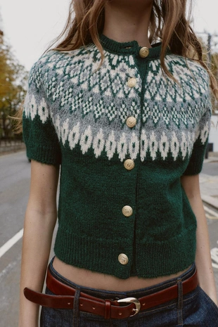 Жаккардовый трикотажный кардиган с короткими рукавами- Заказать в России