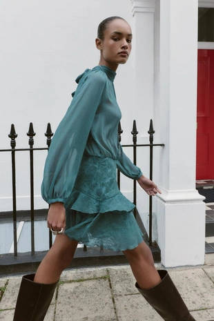 Sea green | 3666/184/512 - Zara Мини-платье с комбинированными воланами