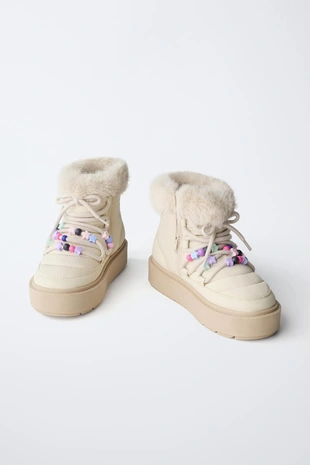 Ecru White | 2123/630/002 - Zara Ботинки с бисером и искусственным мехом