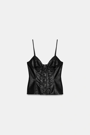 Black | 9217/244/800 - Zara Топ из искусственной кожи на бретелях с завязками