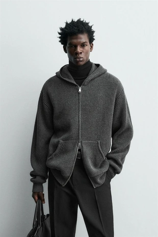 Купить Zara Кардиган из хлопка и шерсти с капюшоном