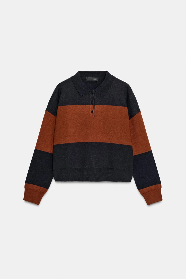 Полосатый вязаный свитер с воротником пуловер