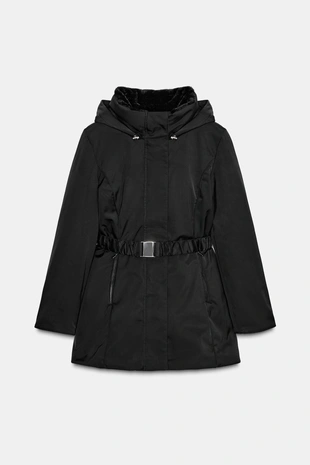 Black | 4749/818/800 - Zara Стеганая куртка с капюшоном с меховой отделкой, водо- и ветрозащитная