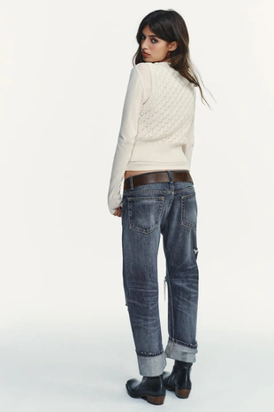 Прямые джинсы TRF с дырами средней посадки- Заказать в России