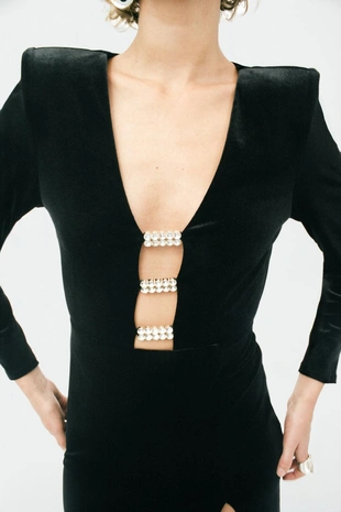 Black | 7969/253/800 - Zara Бархатное платье миди с блестящими деталями