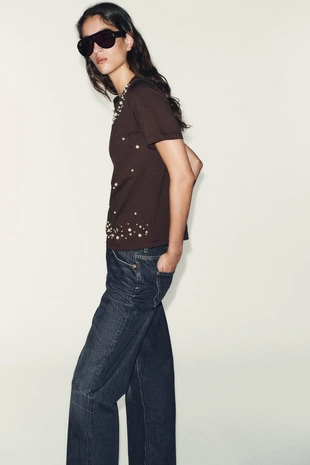 Футболка с бусинами и короткими рукавами- Заказать в России