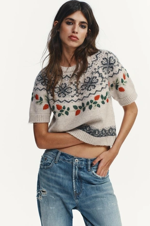 Купить Zara Джемпер с короткими рукавами и жаккардовой вышивкой