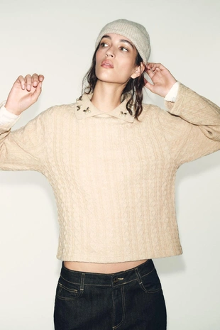 Light beige | 1067/649/721 - Zara Свитер с узором «косы» и стразами на воротнике
