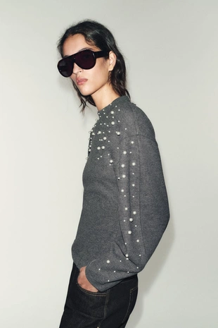 Grey | 1165/866/802 - Zara Мягкий свитер с бусинами