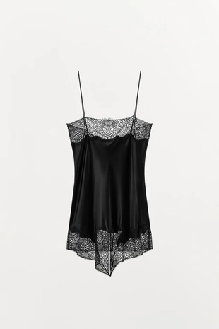 Black | 9460/138/800 - Zara Атласный топ в бельевом стиле с кружевом