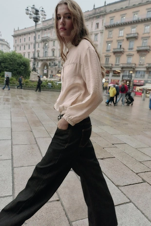 Ecru | 3897/189/712 - Zara Топ-баллон с контрастной отделкой