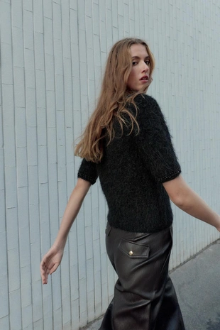 Black | 2756/145/800 - Zara Трикотажный топ со стразами