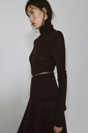 Chocolate | 4192/101/717 - Zara Свитер из 100% шерсти с высоким воротником и ремнем