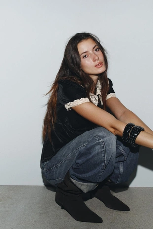 Black | 0881/132/800 - Zara Бархатная рубашка с кружевом кроше и бантом