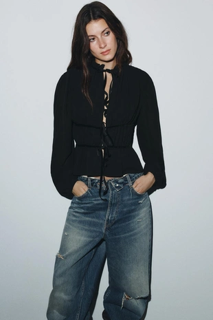 Black | 4764/104/800 - Zara Блуза из крепа с бархатными бантами