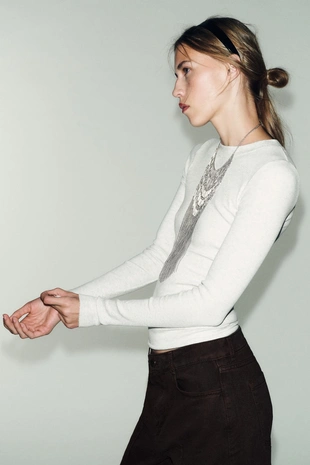 Grey marl | 4174/745/803 - Zara Футболка в рубчик с длинными рукавами