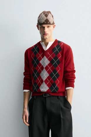 Свитер 100% шерсть жаккард «ромбы»- Заказать в России