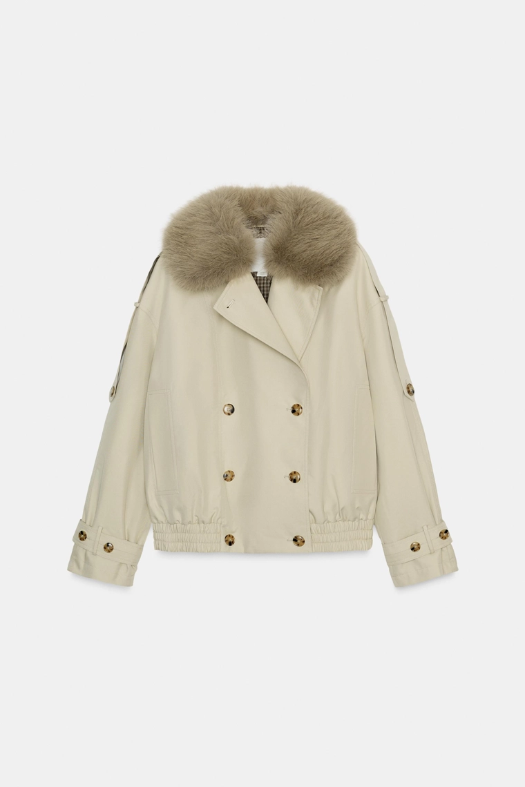 Утепленное тренчкот со вставкой из искусственного меха zara collection