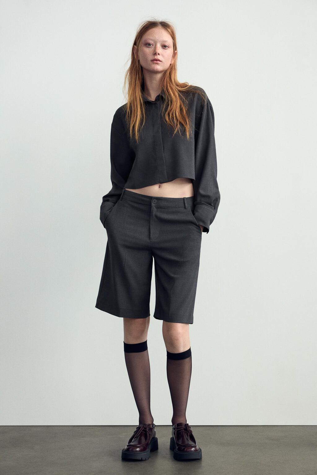 Zara Укороченная рубашка свободного кроя - Цвет темно-серый