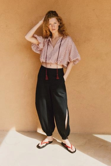 Linen blend sarouel trousers with vents- Заказать в России