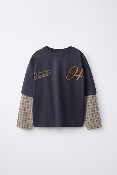 Zara Футболка с двойными рукавами и клетчатым принтом