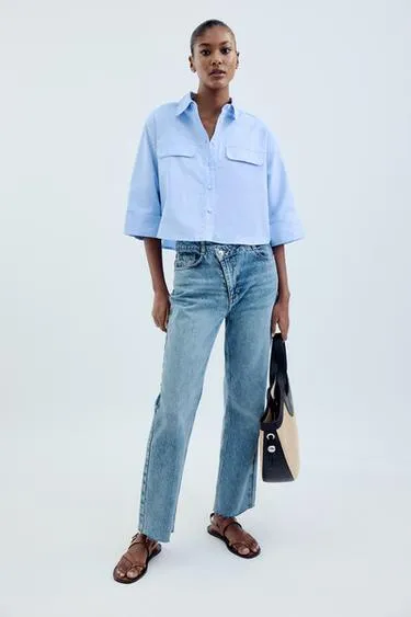 Джинсы ZARA Z.09 прямого кроя на высокой талии с перекрестным поясом на щиколотку