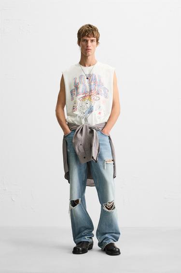 Zara Футболка из ткани с эффектом потертости с принтом купить с доставкой.