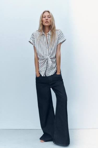 Zara Рубашка в полоску с узлом из льна купить с доставкой.