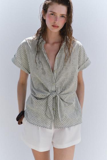 Zara Рубашка в полоску с узлом из льна купить с доставкой.