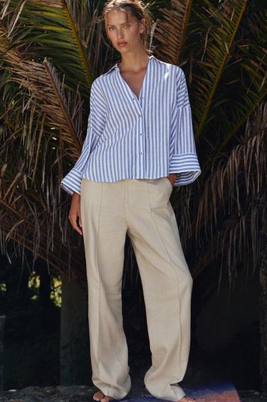 Zara Рубашка из смесового льна с широкими рукавами