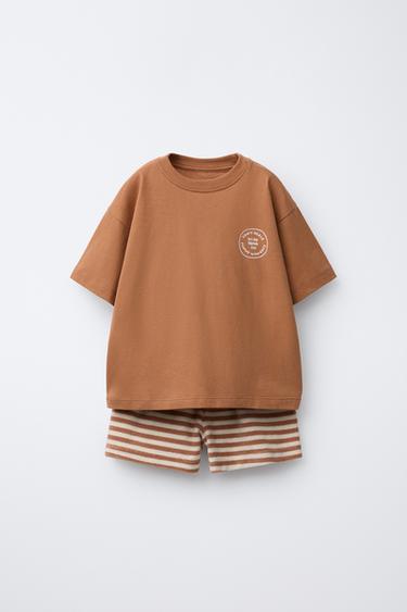 Zara Комплект из футболки и шортов в полоску из ткани вельвет купить с доставкой.