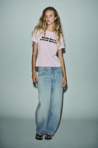 Zara Хлопковая футболка с текстом и дырками